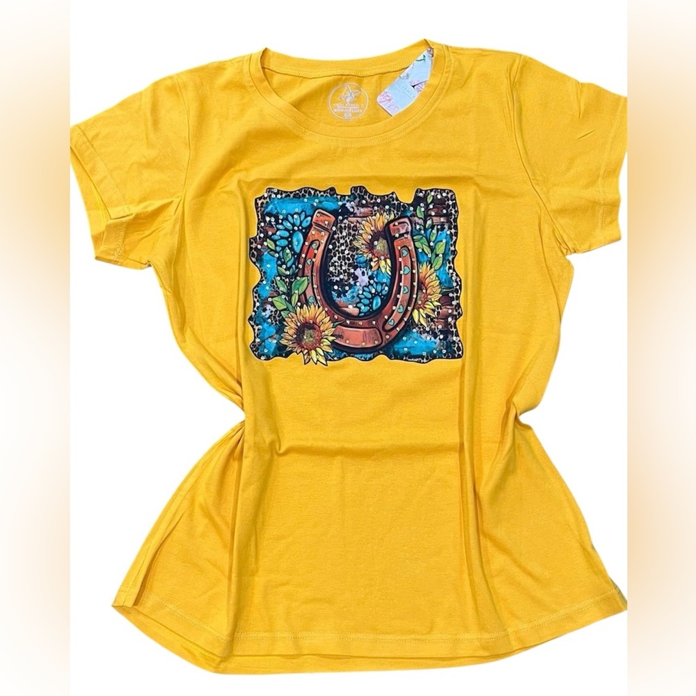 Vibrant Yellow Graphic Tee with Horseshoe Design